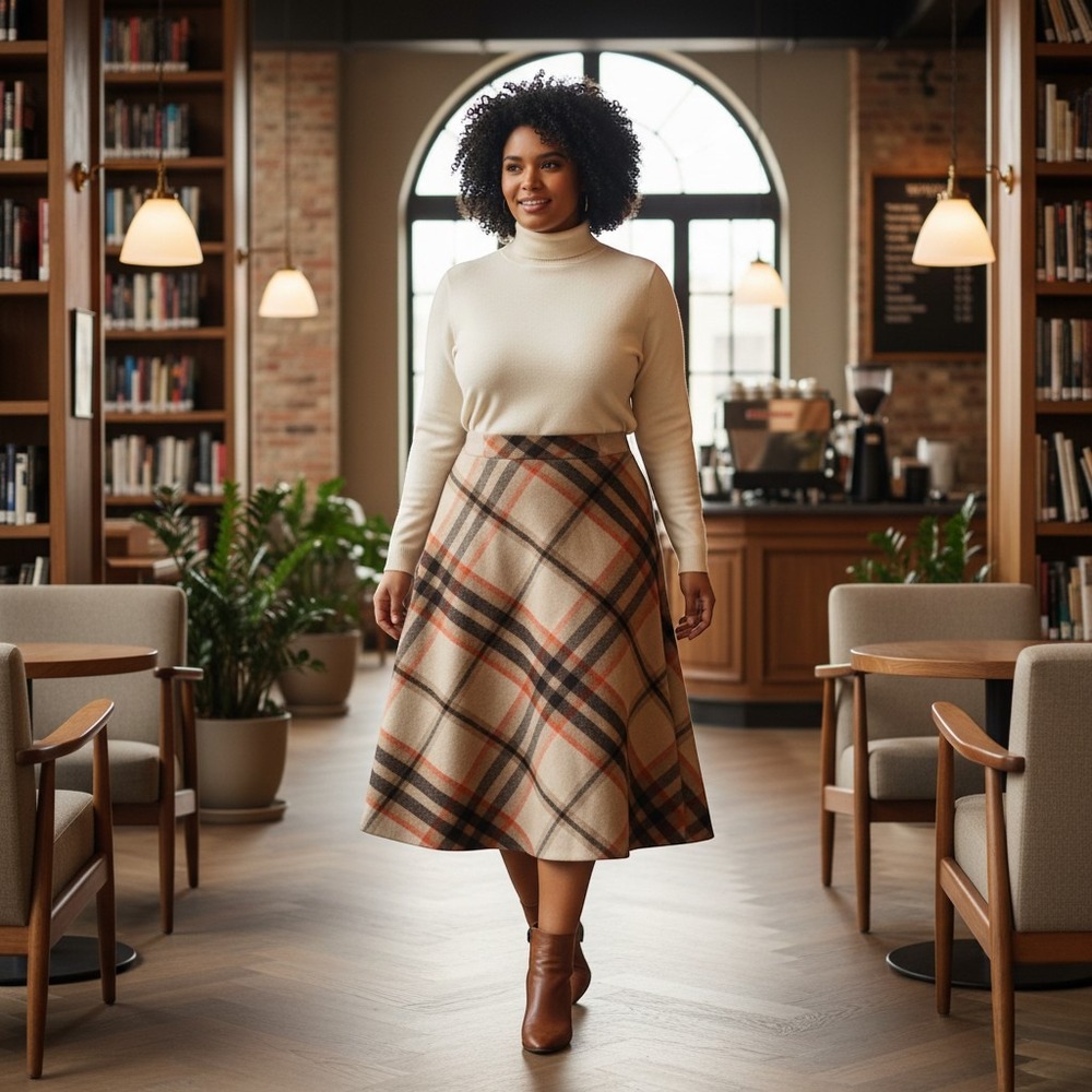 Chadwicks of Boston Wool Blend Fall Skirt Women's 16 Beige Plaid A-Line Acedamia